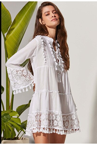 White By Nature Λευκό γυναικείο μακρυμάνικο τουνίκ Garni Voile με δαντέλα Wbn