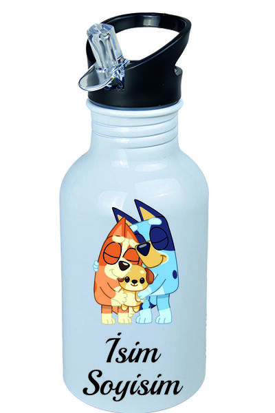 Kreax Bluey Temalı Kopçalı Pipetli Matara-Suluk Kişiye Özel