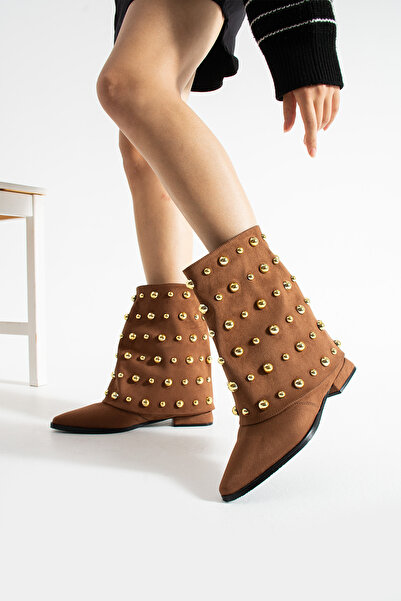 diclepolat Γυναικείες μπότες από σουέτ με ίσιο τακούνι, με χρυσά καρφιά, με μυτερή μύτη, Ginez