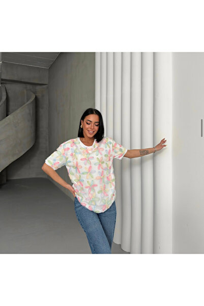 Butik Serdivan Γυναικείο λαιμόκοψη τούλι λουλουδάτο κοντομάνικο βαμβακερό μπλουζάκι Trend New Season με αξεσουάρ λουλουδιών
