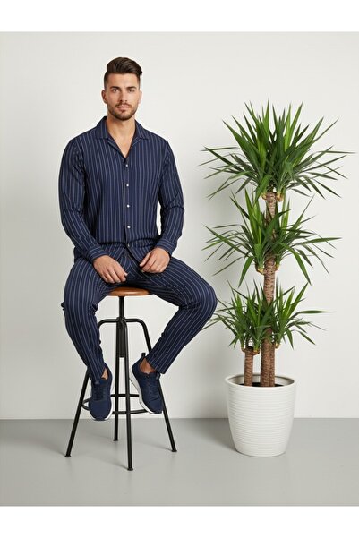 Fifty Color Alaçatı Style Crepe Fabric Line Detail Unisex Shirt and Pants Set