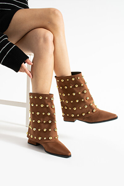 diclepolat Γυναικείες μπότες από σουέτ με ίσιο τακούνι, με χρυσά καρφιά, με μυτερή μύτη, Ginez