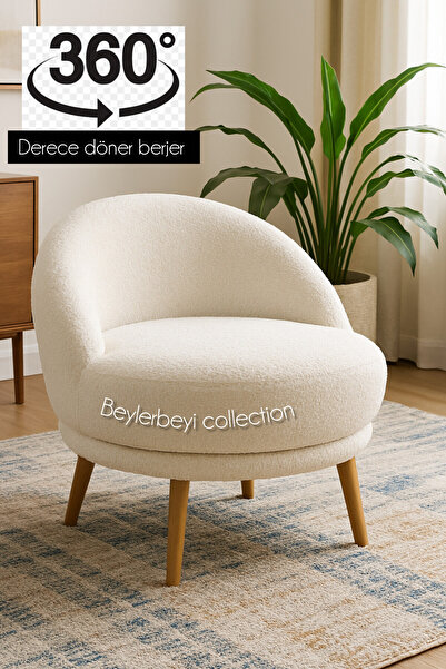 BEYLERBEYİ 360 derece döner berjer, krem renkli peluş kumaş, tekli koltuk, mekanizmalı berjer