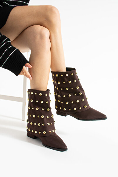 diclepolat Kadın Kahve Altın Zımbalı Sivri Burun Düz Topuk Süet Bot Ginez