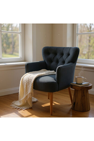 Azra Mobilya Modern Berjer Tekli Koltuk – Antrasit Babyface Kumaş, Ceviz Ayak, | Salon, Oturma Odası, Balkon İçin