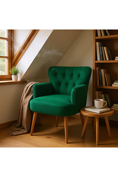 Azra Mobilya Modern Berjer Tekli Koltuk – Yeşil Babyface Kumaş, Ceviz Ayak, | Salon, Oturma Odası, Balkon İçin