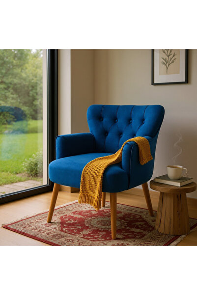 Azra Mobilya Modern Berjer Tekli Koltuk – Saks Mavi Babyface Kumaş, Ceviz Ayak, | Salon, Oturma Odası, Balkon