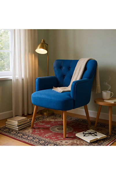 Azra Mobilya Modern Berjer Tekli Koltuk – Saks Mavi Babyface Kumaş, Ceviz Ayak, | Salon, Oturma Odası, Balkon