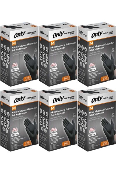 ONLY قفازات الفحص Evo Beyond Glove نيتريل سوداء خالية من البودرة، مجموعة من 600 قطعة M - متوسط ​​- متوسط ​​(6PK*100)