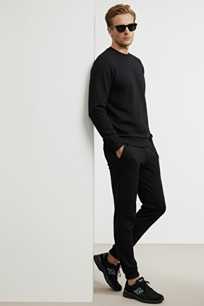 Elemge Βαμβακερό ανδρικό σετ αθλητικής φόρμας 2 τεμαχίων Μαύρο Regular Fit με κορδόνια με τσέπες 3 κλωστών ελαστικό πόδι που αναπνέει