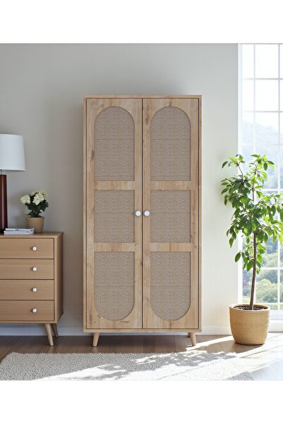 FLORADESİGN Bali Bohem Jüt 2 Kapaklı Gardırop – Jüt Kumaş MDF Kapaklı, Meşe