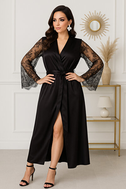 Juwana Lace Long Bridal Robe, Black Wedding Kimono, Lace Sleeves