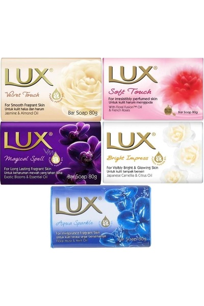 LUX صابون 80 جرام (مجموعة مختلطة مكونة من 5 قطع) لمسة ناعمة/لمسة مخملية/سبيل سحري/أكوا سبارك/برايت إمبريس