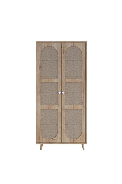 FLORADESİGN Bali Bohem Jüt 2 Kapaklı Gardırop – Jüt Kumaş MDF Kapaklı, Meşe
