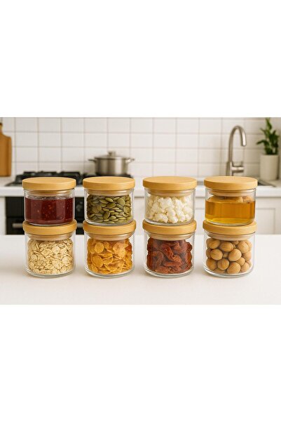 Noah Exclusive 8 adet 150 ml Borosilikat Cam Reçellik - Sızdırmaz Bambu Kapak...