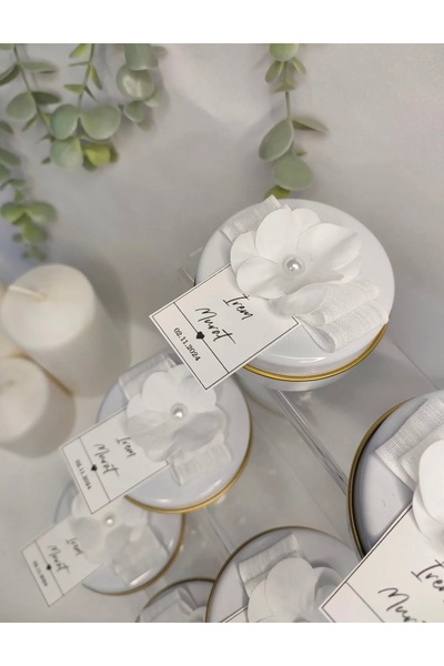 Sirmion Çiçek Detaylı Metal Kutulu Mum Söz, Nişan,Düğün,Kına,Nikah,Mevlüt Hed...