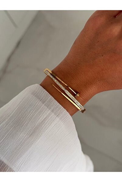 HERCY Gold Taşlı Paslanmaz Çelik Çivi Kelepçe Bileklik