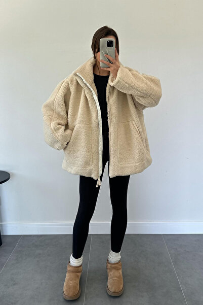NET OF NOT Bej Dik Yaka Astarlı Oversize Peluş Mont