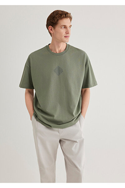 Mavi Sırt Baskılı Haki İstanbul Tişört Oversize / Geniş Kesim 0611882-80692