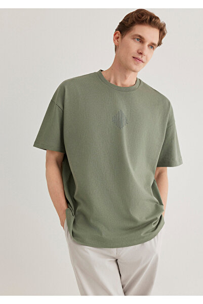 Mavi Sırt Baskılı Haki İstanbul Tişört Oversize / Geniş Kesim 0611882-80692