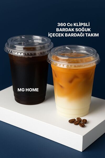MG HOME 50 Adet 360Cc Kapaklı Plastik Bardak Klipsli Limonata Soğuk Kahve Kap...