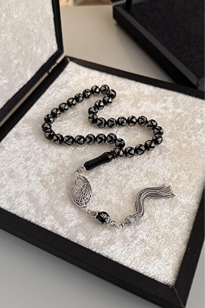 dergah tesbih Erzurum Oltu Taşı Bilek Boy Full Gümüş İşleme Piramit