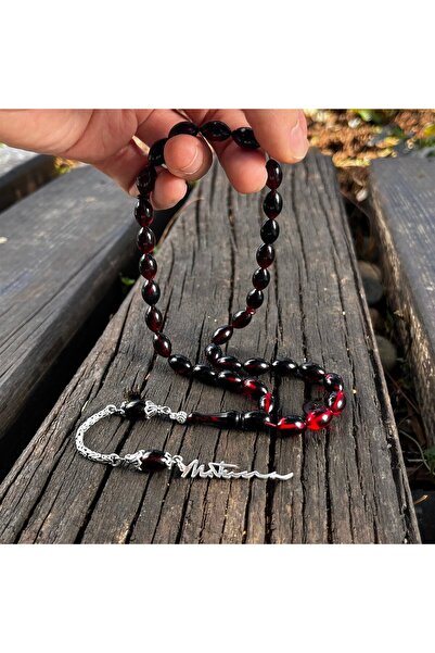 dergah tesbih İsminize Özel İmza Tasarımlı Gece Kızılı Ateş-i Kehribar Tesbih