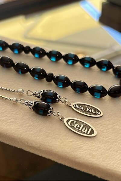 dergah tesbih Kişiye Özel İsimli Mavi Sürmeli Ateş-i Kehribar Tesbih