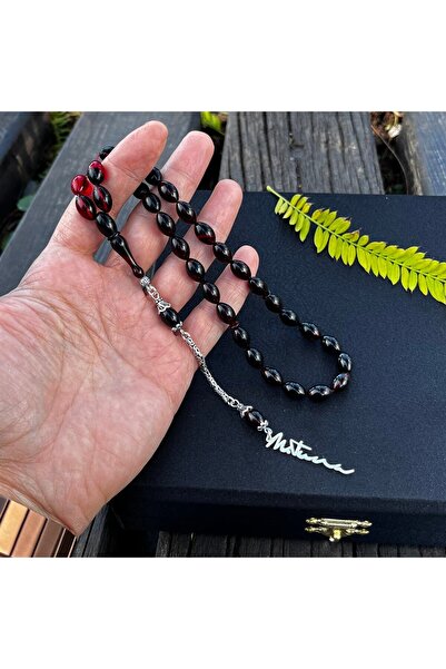 dergah tesbih İsminize Özel İmza Tasarımlı Gece Kızılı Ateş-i Kehribar Tesbih