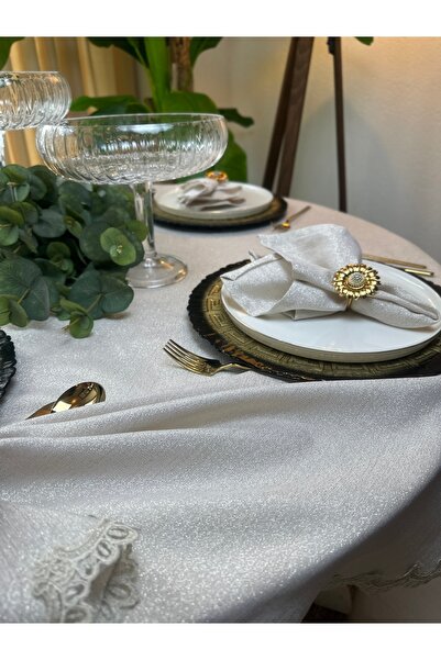Decamor home Linen Textured Gold Glitter Lace Detailed Ecru Round Tablecloth (Napkin Not Included)