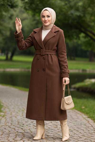 Neva Style Brown Stamped Hijab Coat - Belted, 61251Kh