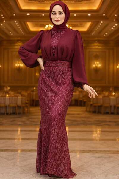 Neva Style Pul Payet Işlemeli Bordo Tesettür Abiye Elbise 22213br
