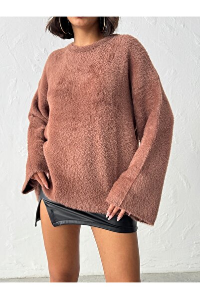 BEJNA Women's Brown Crew Neck Oversize Soft Knitwear Sweater