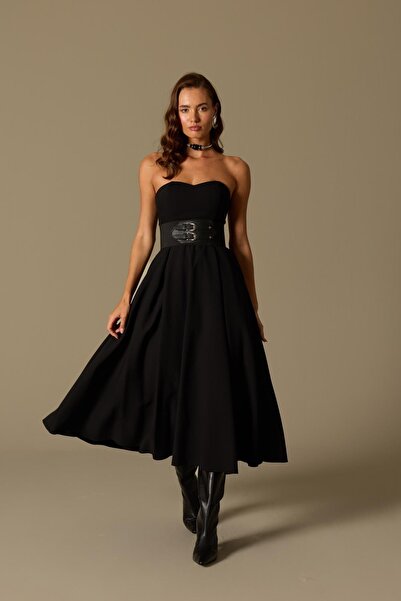 NOK İSTANBUL Sophisticated Corsage Elegance Maxi Boy Elbise Siyah