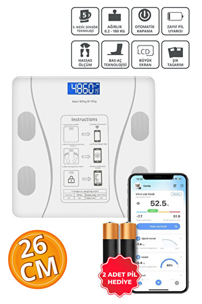 Blooma Dijital Baskül Yağ Ölçer Fonksiyonlu Akıllı Baskül Bluetooth Tartı-Beyaz