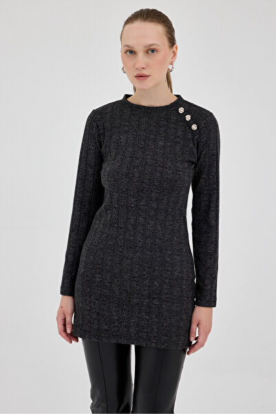 Rays Черна туника с детайли от ивици и копчета 8132A