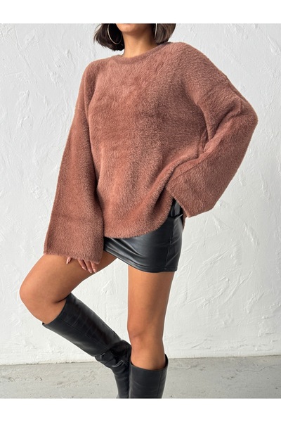 BEJNA Women's Brown Crew Neck Oversize Soft Knitwear Sweater