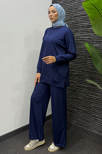 Tesettür Diyarı Γυναικείο Σετ Μακρύ Τοπ και Παντελόνι Μοντάλ Τσιμάλι - Ναυτικ...