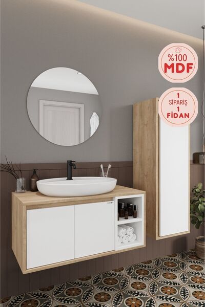 BALNEOM Gül Beyaz 90 Cm Banyo Dolabı Ayna Lavabo Boy Dolabı