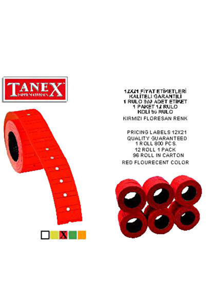 Tanex Fiyat Etiketi Çizgili 12x21 Fosforlu Kırmızı(6 rulo)