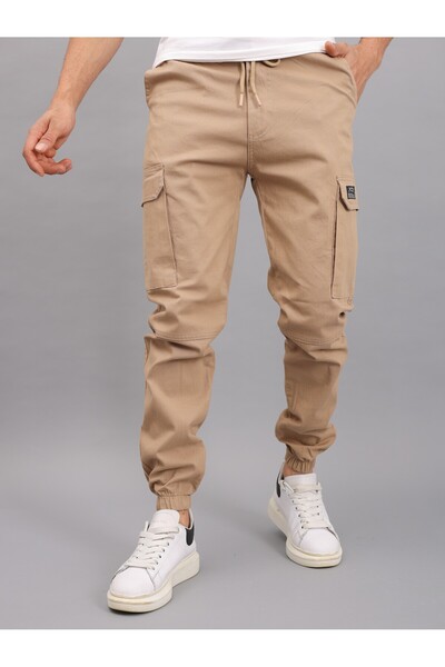 YXC Trend Maker Men's Cargo Pocket Linen Trousers with Elastic Legs Stone