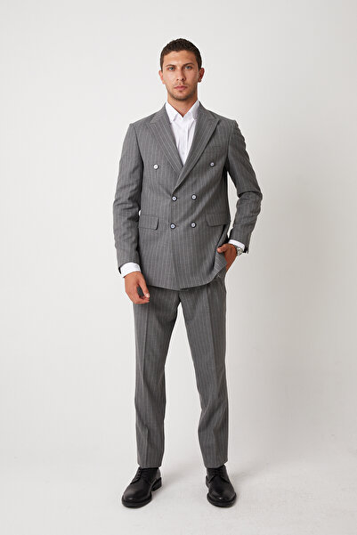 wodelli Erkek Gri Çizgili Kruvaze Takım Elbise – Regular Pamuklu Kumaş