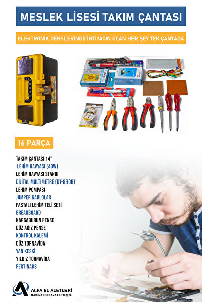 ALFA HIRDAVAT Alfa Meslek Lisesi Elektrik Elektronik El Aletleri Takım Çantası – Multimetre, Pense ve 16 Parça Set