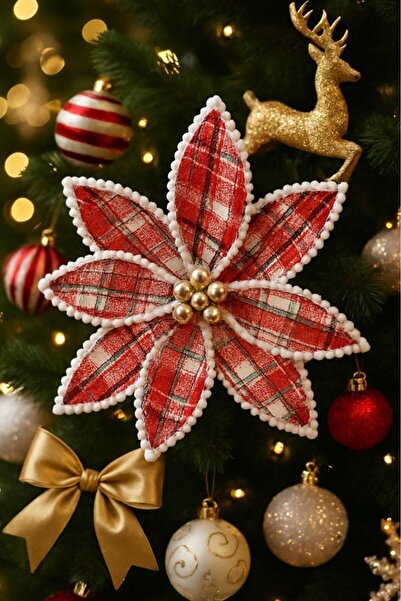 BeySüS Yılbaşı Çam Ağacı Süsü Ponsetya Çiçek Büyük Kırmızı Beyaz Kenarlı