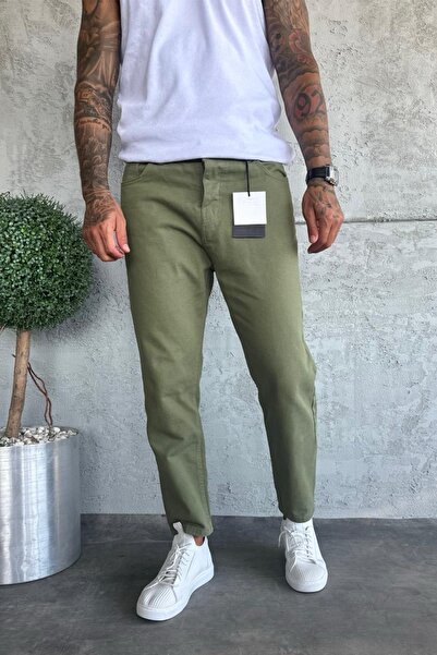 MADZEYMODA Ανδρικό τζιν παντελόνι από ύφασμα τζιν χακί πράσινο Boyfriend Fit KE-834