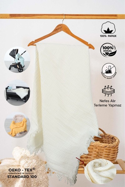 Huggy Krem Çok Amaçlı %100 Pamuk Müslin Bebek Battaniyesi 100x130 – 4 Katlı Pamuklu Örtü / Kundak