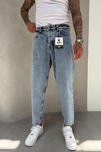 MADZEYMODA Ballon Fit pentru bărbați Snow Washing Boyfriend Mold Blue Jean Je...