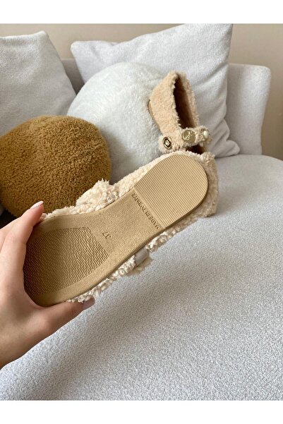 Büşra Sultan Ayakkabı & Çanta Kadın Bej Teddy Peluş Tokalı Balerin Babet