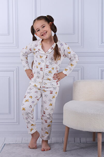 TUGSE Front Buttoned Butterfly Patterned Children's Top and Bottom Set 100% Cotton