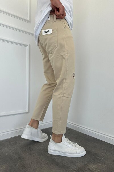 MADZEYMODA Бежеві джинсові штани - чоловічий крій «бойфренд», з розрізами